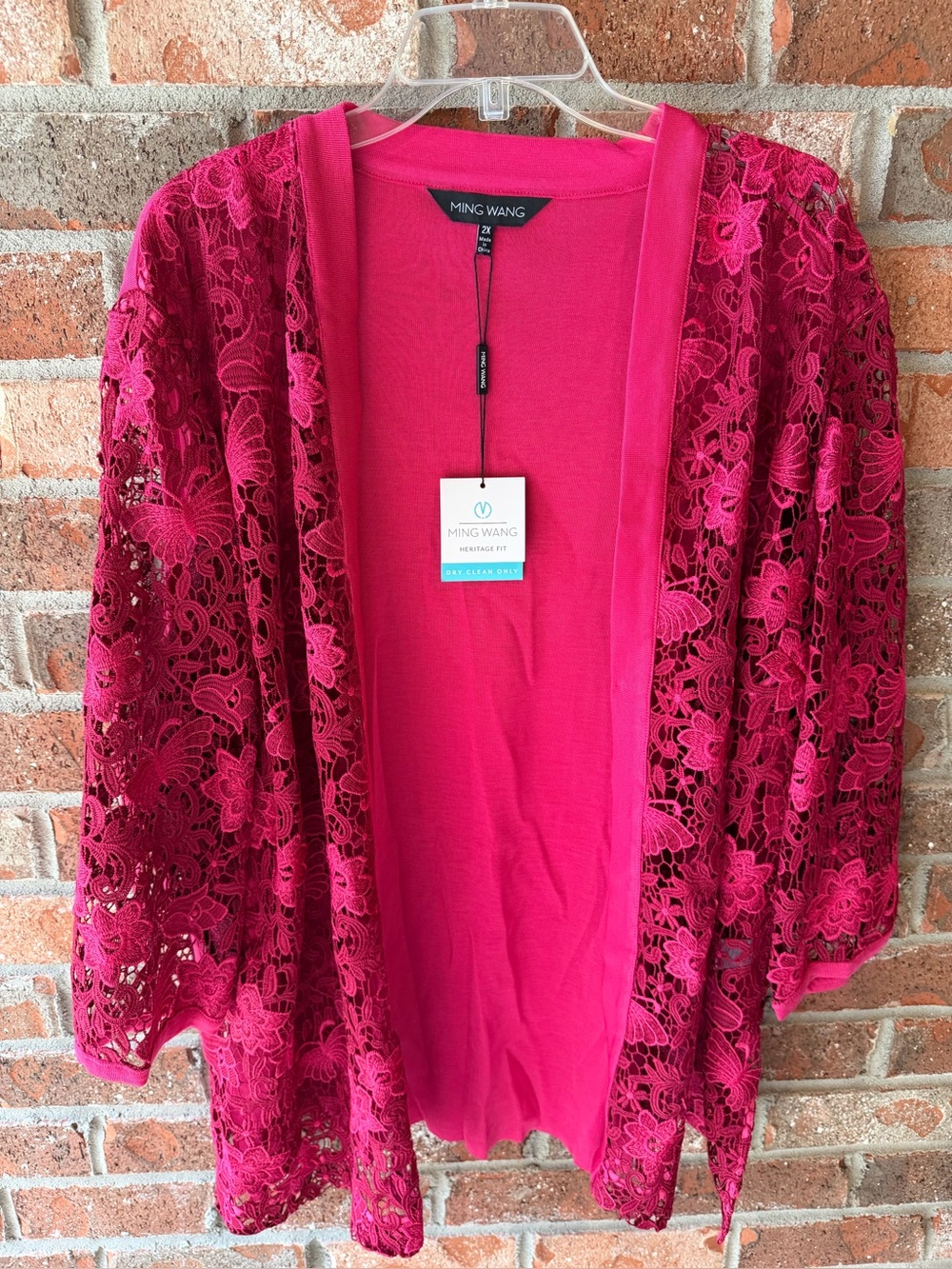 Ming Wang Women's Heritage Fit Floral Lace Hot Roselle Pink Jacket, size 2xl